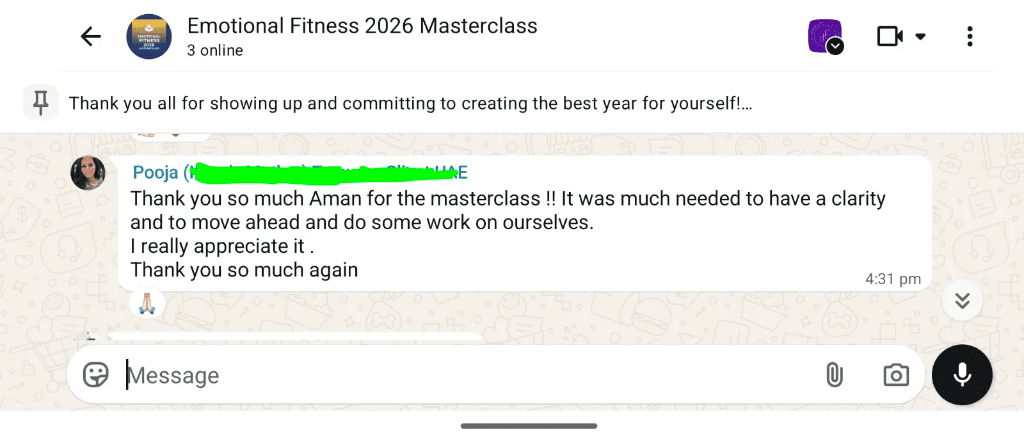 Client WhatsApp feedback regarding the masterclass